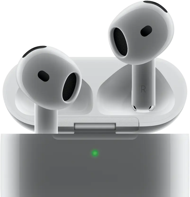 Los AirPods 4 van saliendo del estuche, en el que se ve una luz verde